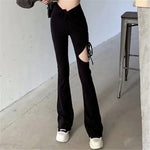 Knitted Solid Color Fashion Side Drawstring High Waist Cutouts Flares Trousers Womens Wholesale Pants