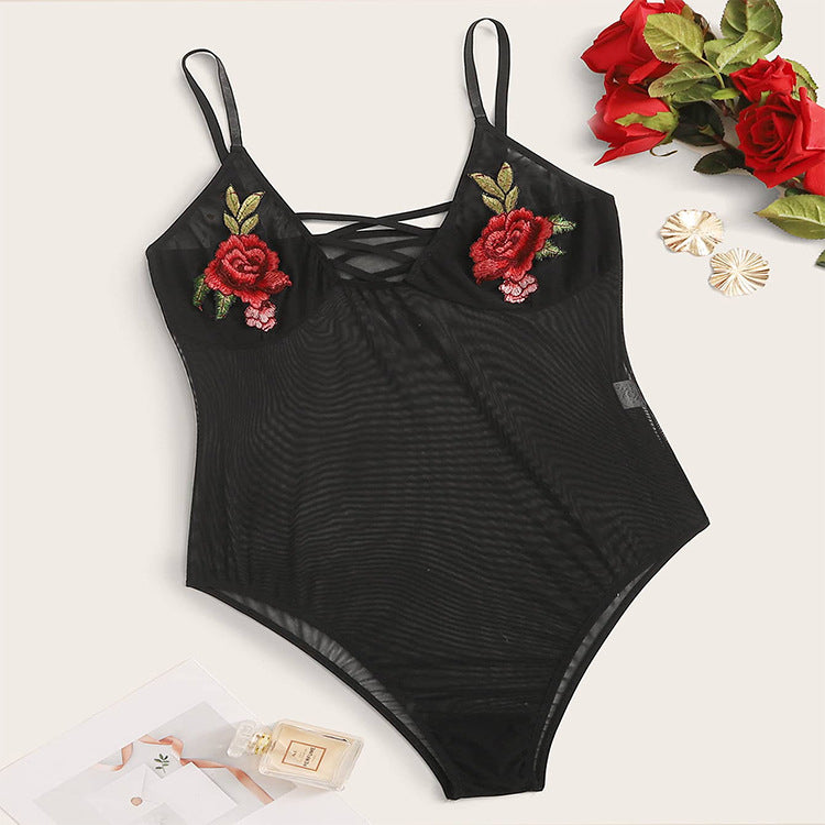 Rose Embroidery Sexy One-Piece Bodysuit Wholesale Plus Size Clothing