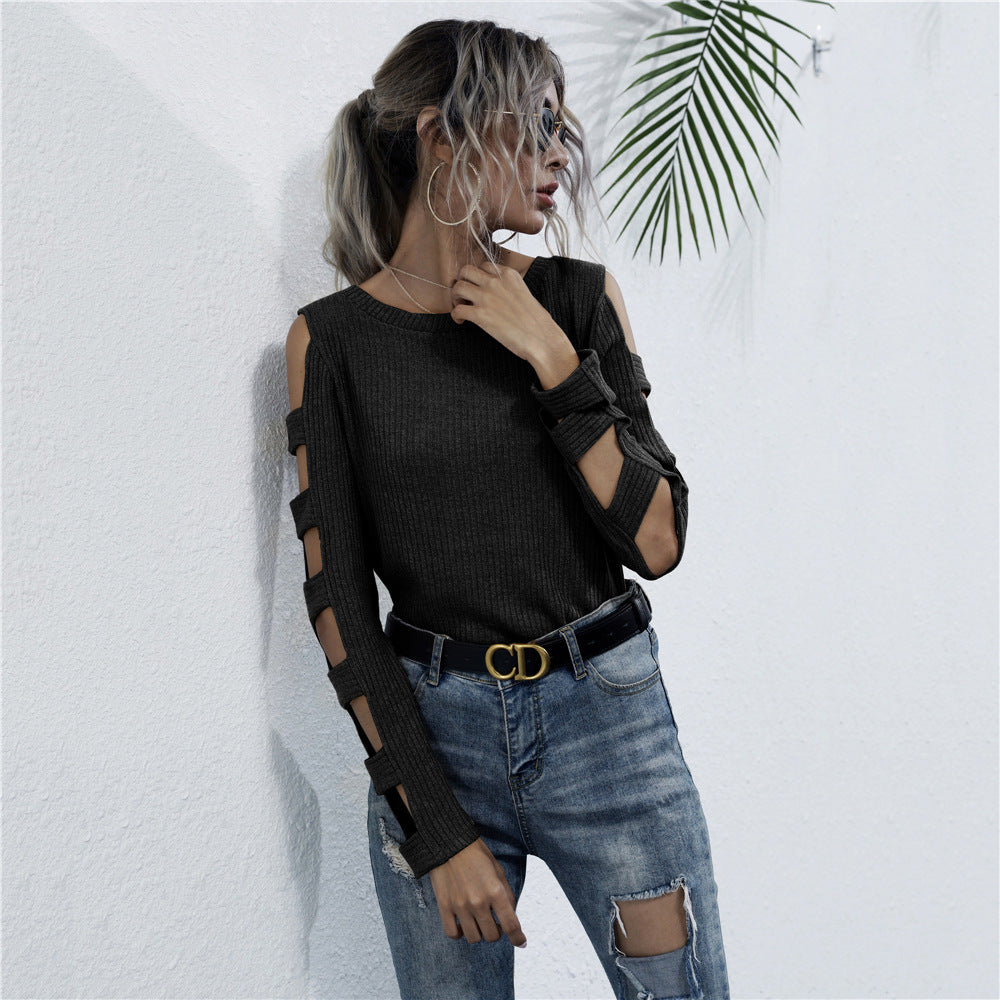 Hollow Black Long Sleeve Wholesale Women Top