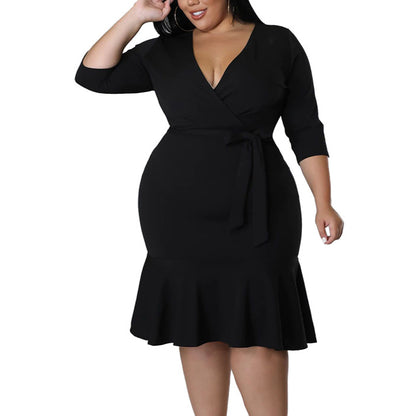 Sexy Ruffle Deep-V Bodycon Women Curvy Dresses Wholesale Plus Size Clothing