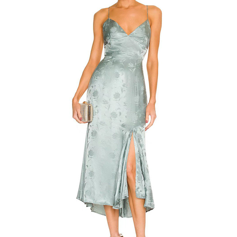 Deep-V Neck Solid Color Jacquard Nipped Waist Side Slit Sling Satin Dress Chic Wholesale Dresses