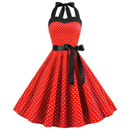 Polka-Dot Retro Halter Floral Midi Dress Wholesale For Valentine'S Day