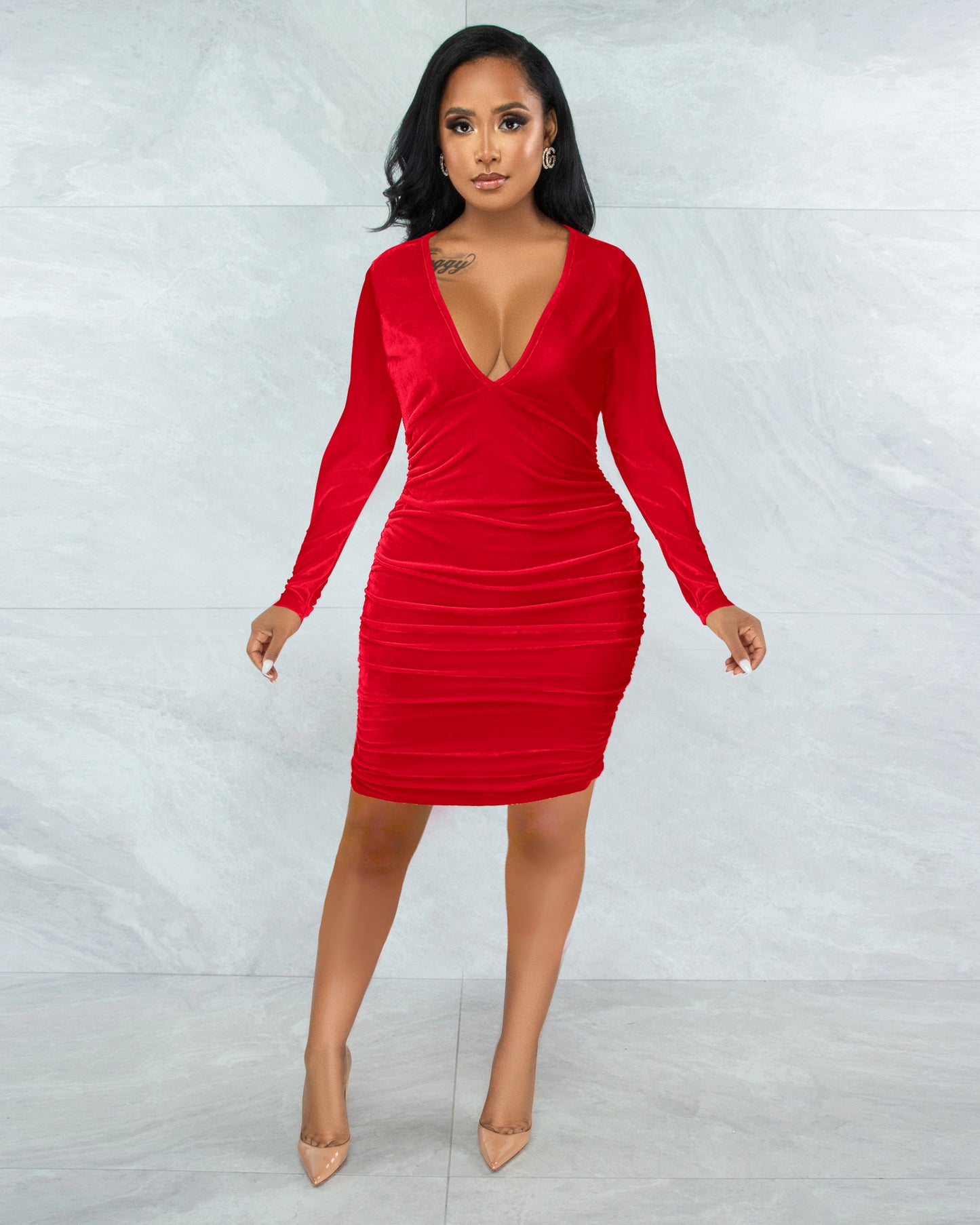 Sexy Velvet Dresses Bodycon Dress Wholesale Dresses V-Neck Solid Color Dress