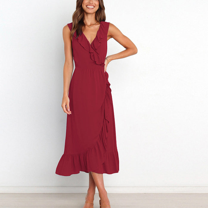 V-Neck Ruffled Lace-Up Elegant Midi Wrap Dress Wholesale Dresses