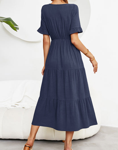 Fashion Loose V-Neck Swing Dress Solid Color Short Sleeve Wholesale Dresses