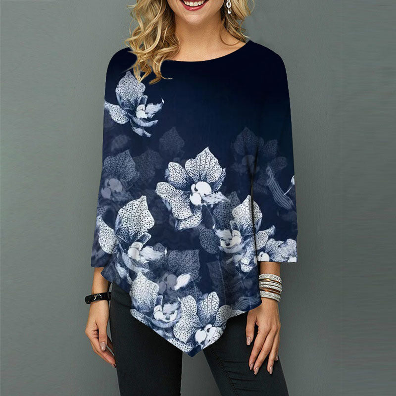 Fashion Print Tops Round Neck Irregular Hem Loose Wholesale Womens Long Sleeve T Shirts