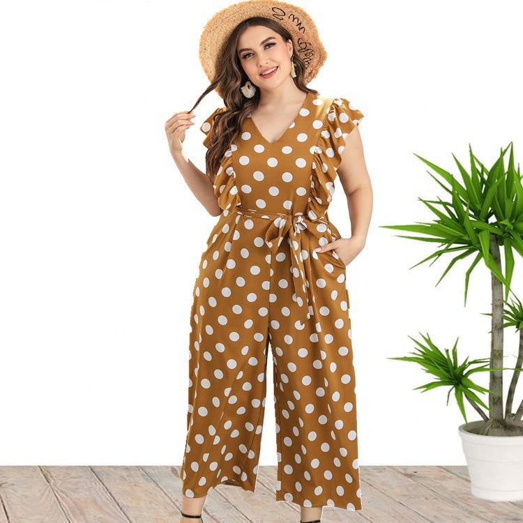 Retro Polka Dot Print Lace Up Curve Jumpsuits Wide-Leg Ruffles V Neck Wholesale Plus Size Clothing Casual