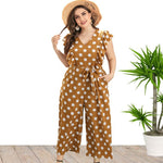 Retro Polka Dot Print Lace Up Curve Jumpsuits Wide-Leg Ruffles V Neck Wholesale Plus Size Clothing Casual