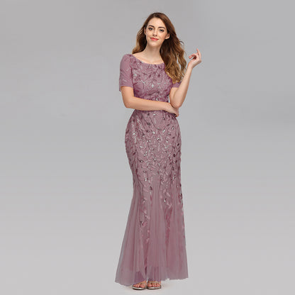 Women Slim Fit Mesh Sleeve Sequin Evening Maxi Dress Wholesale Prom Dresses