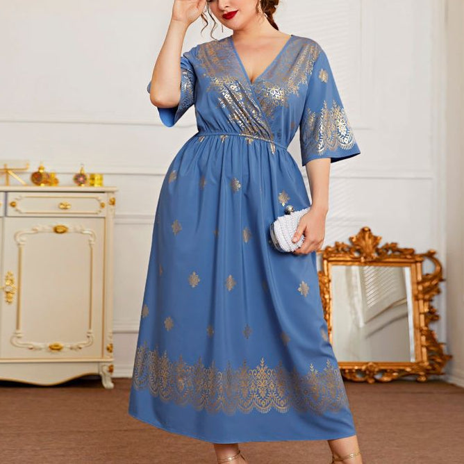 Fashion Printed V-Neck Midi Dress Short Sleeve High Waist Dresses Wholesale Plus Size Clothing