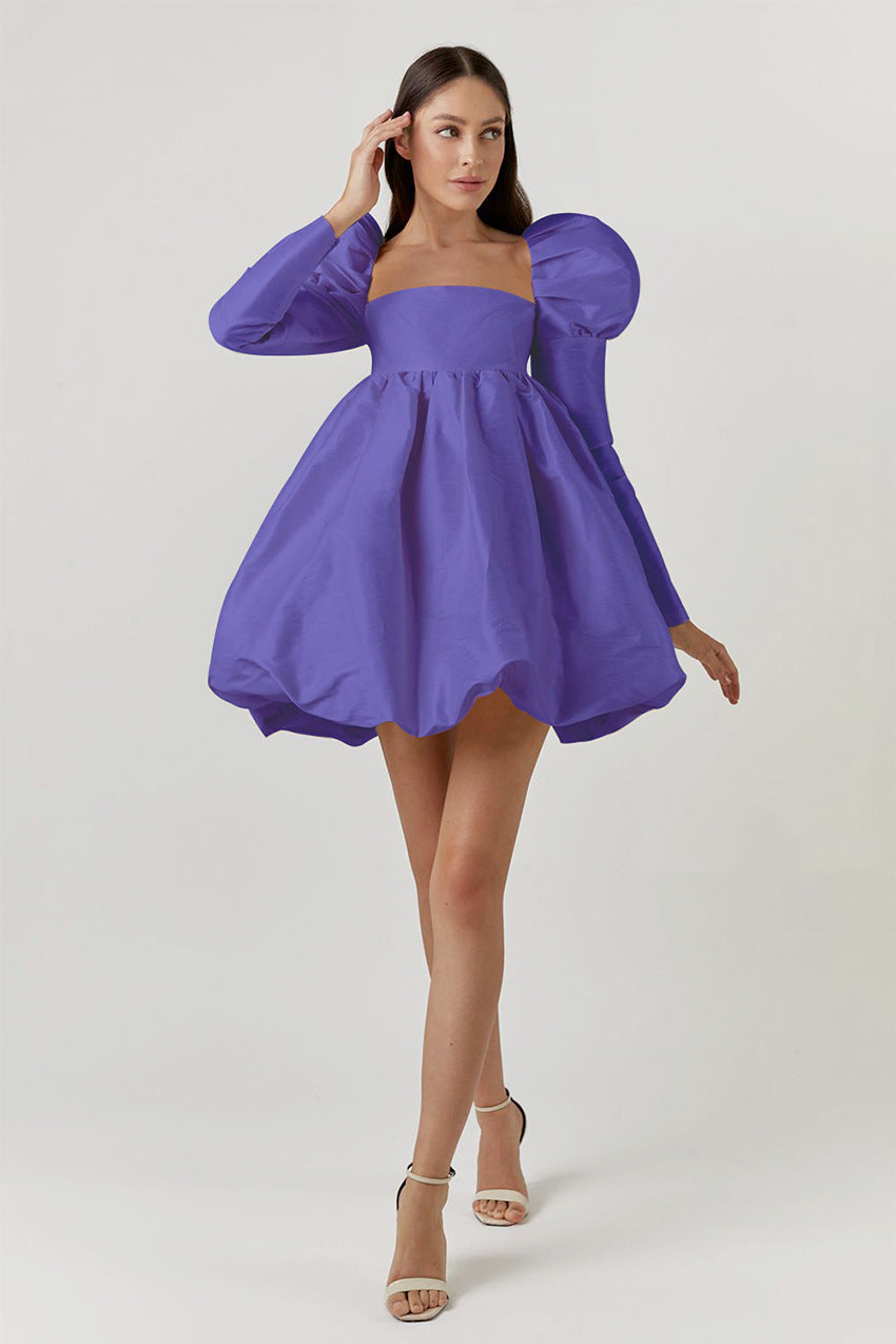 Sexy Square Neck Satin Dress Puff Sleeve A-Line Solid Color Wholesale Dresses