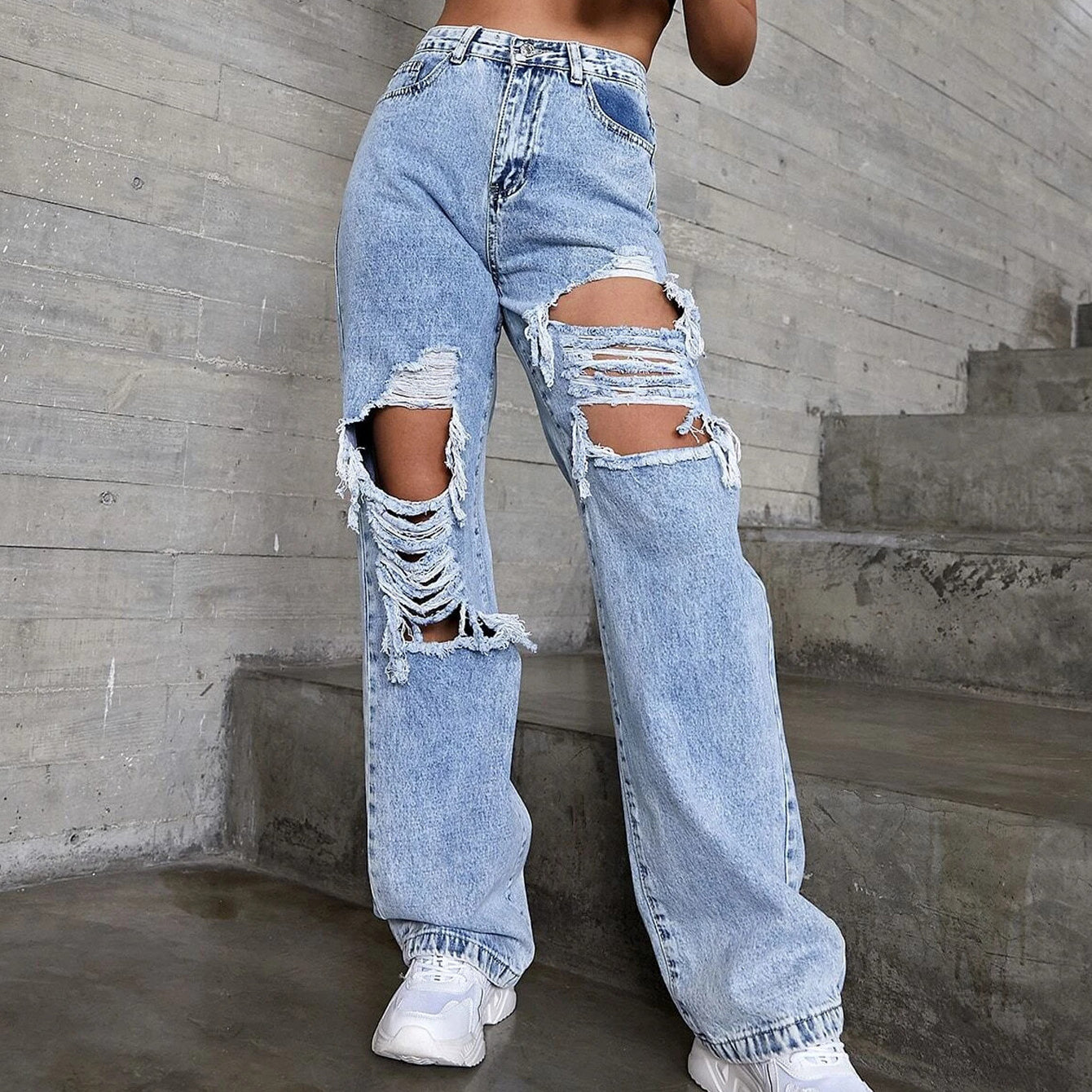 Fashionable Ripped Denim Straight Pants Wholesale Womens Clothing