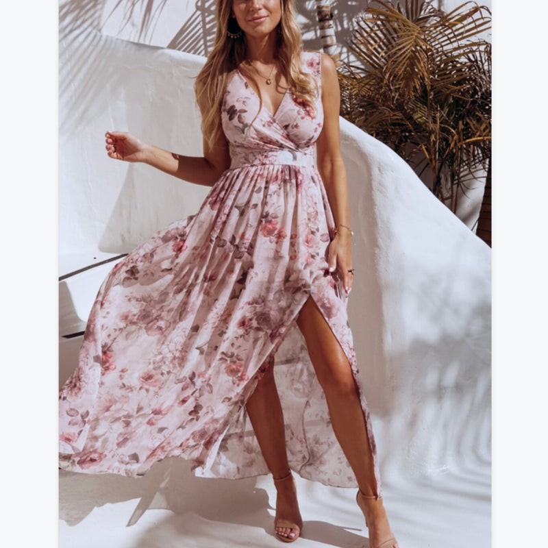 Vacation Sleeveless Chiffon Slit Flowy Floral Dress Wholesale Maxi Dresses