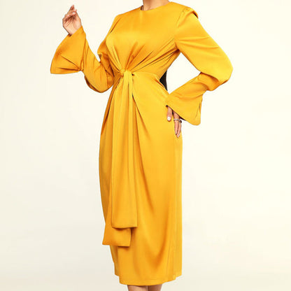 Temperament Round Neck Long Sleeve Satin Dress Wholesale Dresses