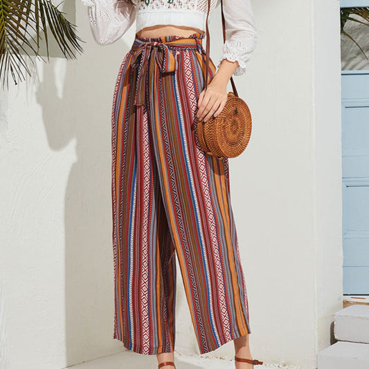 Striped Print Ethnic Style Lace-Up Womens Boho Wide-Leg Trousers Casual Loose Wholesale Pants