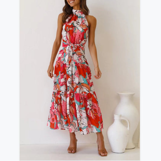 Halterneck Sleeveless Printed Tie-Up Waist Swing Smocked Dress Wholesale Dresses