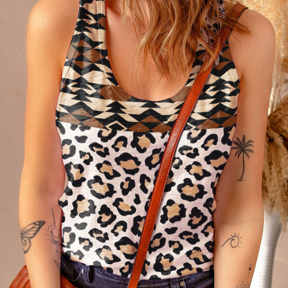 Leopard Print Sleeveless U Neck Wholesale Tank Tops for Summer