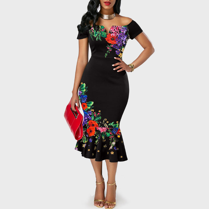 Floral Print Off Shoulder Short Sleeve Ruffle Hem Wholesale Bodycon Dresses