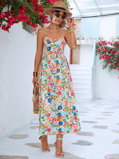 Floral Print Sling High Waist Open Back A-Line Dress Wholesale Dresses