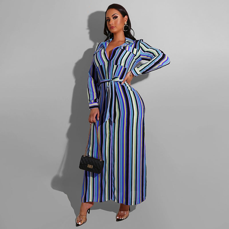 Wholesale Plus Size Women Clothing Striped Button-Down Lapel Long-Sleeved Fitted Shirt Dress