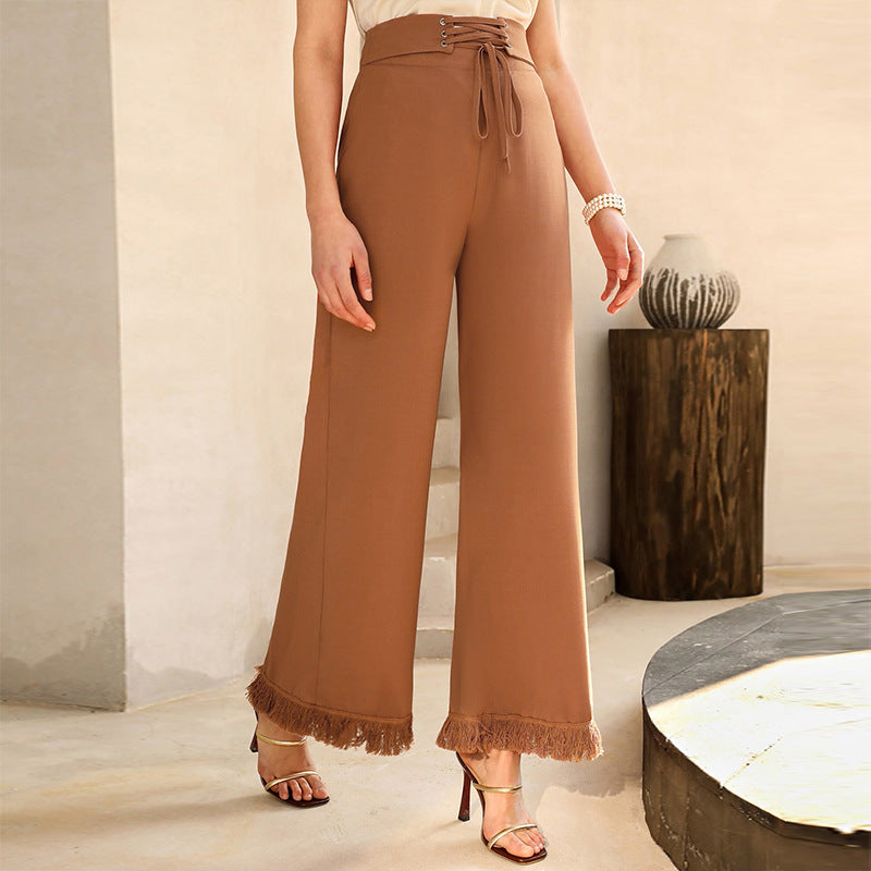 Solid Color Women Lace-Up Raw Edge Casual Flared Pants Wholesale Vendors