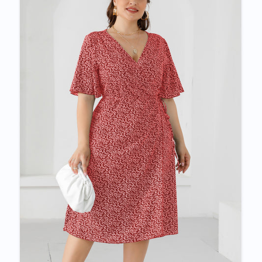 Wholesale Women'S Plus Size Clothing Fresh Tie Bell Sleeve Print Wrap Commuter Dress