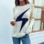 Casual Loose Ripped Lightning Print Tops Round Neck Long Sleeve Wholesale Sweater
