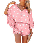 Printed V Neck Ruffled Loose Casual Suit Women