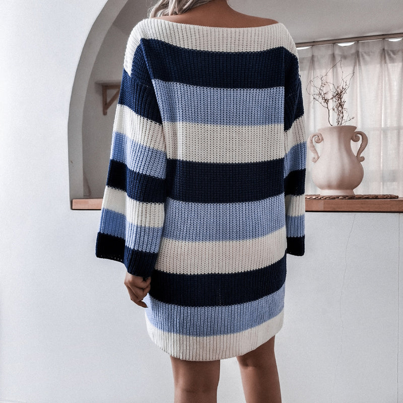 Off Shoulder Loose Contrast Striped Knitted Sweater Dress Women Wholesale