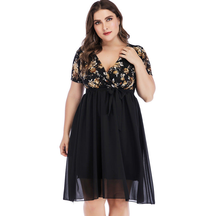 Chiffon Sexy Deep V Print A-Line Dress Lace-Up Short Sleeve Dresses Wholesale Plus Size Clothing