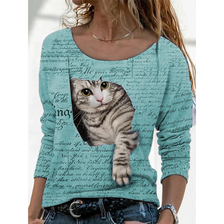 Printed Long Sleeve Round Neck Casual Womens Tops Wholesale T Shirts