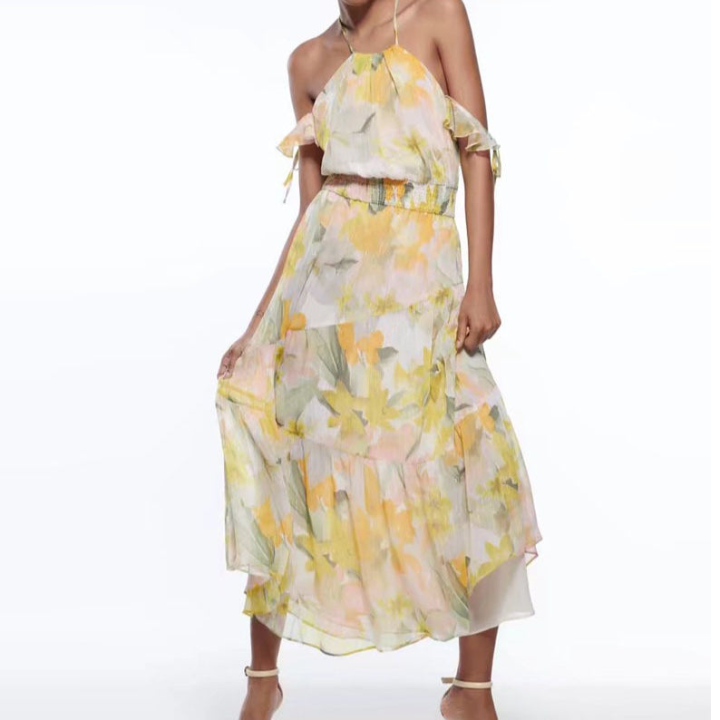 Elastic Waist Floral Print Off Shoulder Chiffon Ruffled Sleeve Flowy Resort Dress Wholesale Dresses