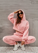 Casual Hooded Sweatshirt & Drawstring High Waist Pants Solid Color Wholesale Womens 2 Piece Sets