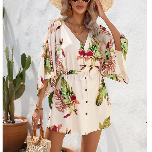 Printed V Neck Half Sleeve Drawstring Casual Dress Wholesale Dresses