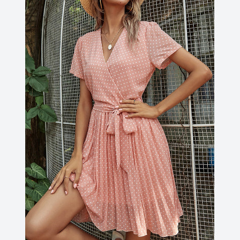 Fashion V Neck Polka Dot Dress Slim Short Sleeve A-Line Wholesale Dresses With Belt