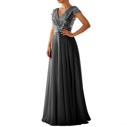 High Waist V-Neck Chiffon Sequin Evening Dress Wholesale Maxi Dresses