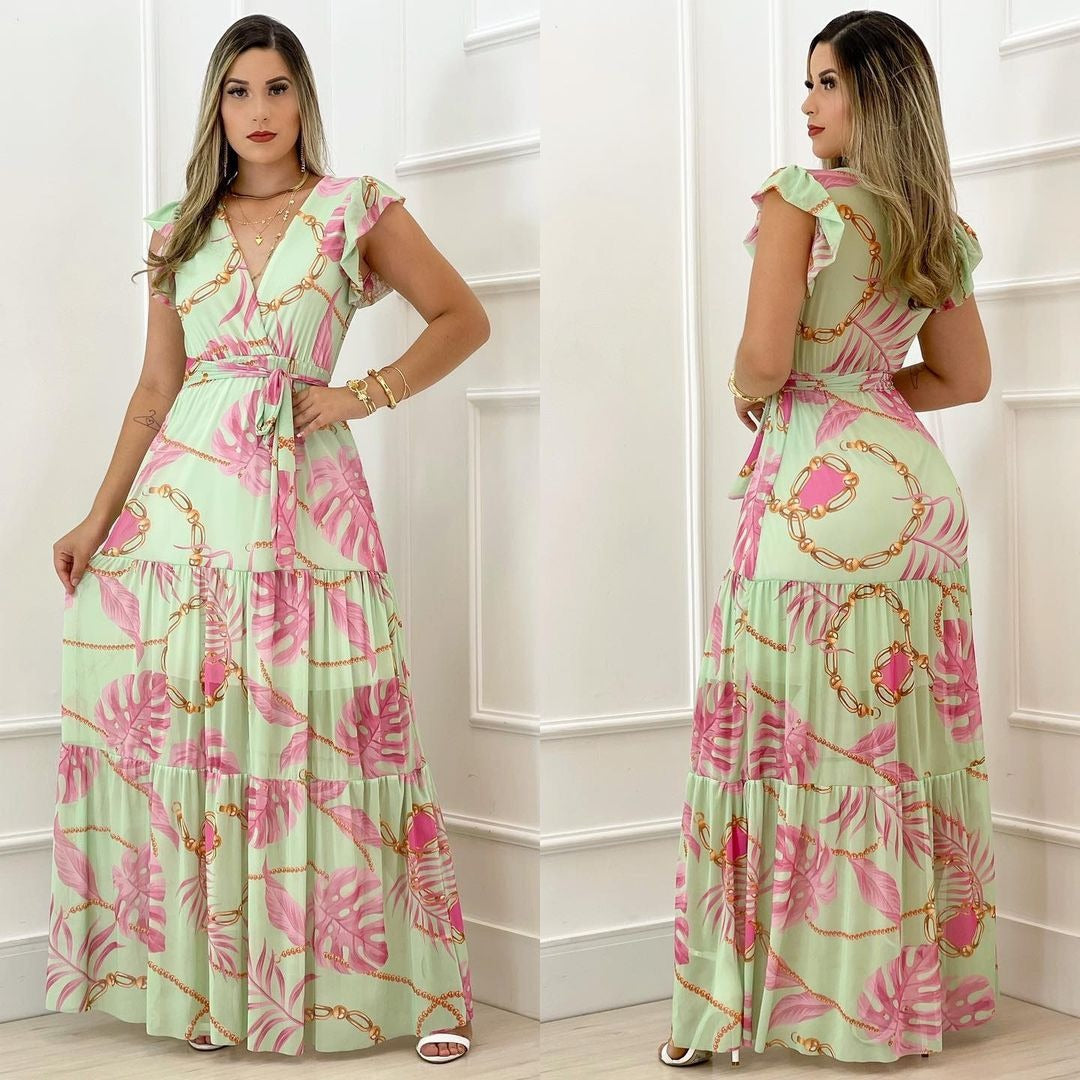 Printed Ruffled Deep-V Frill Sleeve Lace-Up Smocked Dress Vacation Wholesale Maxi Dresses