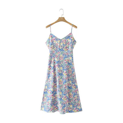 Open Back Bowknot Floral Print Sling Slit Midi Dress Sexy Summer Sundresses Wholesale Dresses