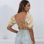 Women Solid Color Puff Sleeve Square Neck Wholesale Crop Tops Summer