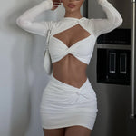 Long Sleeve Hollow Out Crop Tops Skirts Wholesale Two Piece Sets for Summer