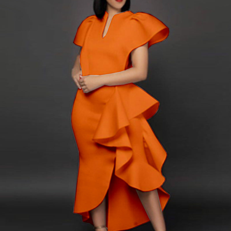 Ruffled Trim Sleeve Wholesale Asymmetrical Midi Dress
