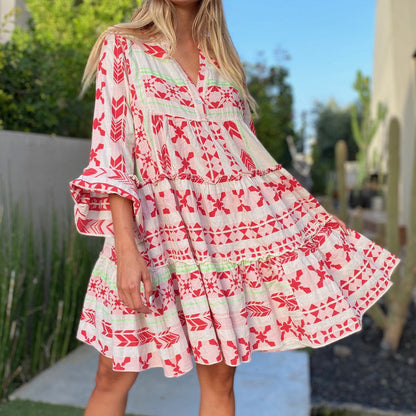 Geometric Print V Neck Lantern Sleeve Wholesale Swing Dresses For Women