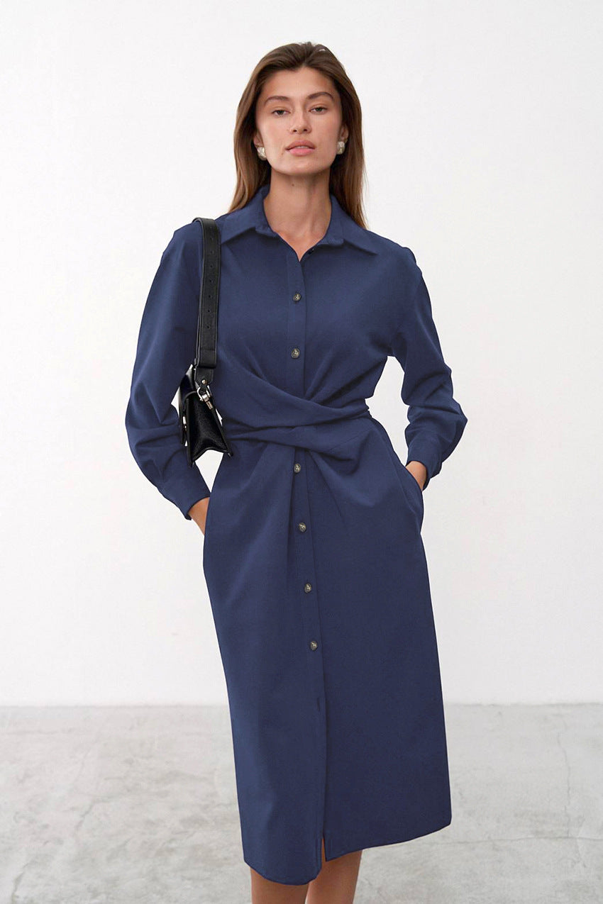 Fashion Long Sleeve Wrap Waist Midi Shirtdress Wholesale Shirt Dresses