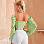 Ultra-Short Low-Cut Tie With Solid Color Puff Sleeves Crop Tops Wholesale Women Tops