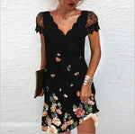 Fashion Print Wavy V-Neck Dress Lace Slim Short Sleeve Wholesale Dresses