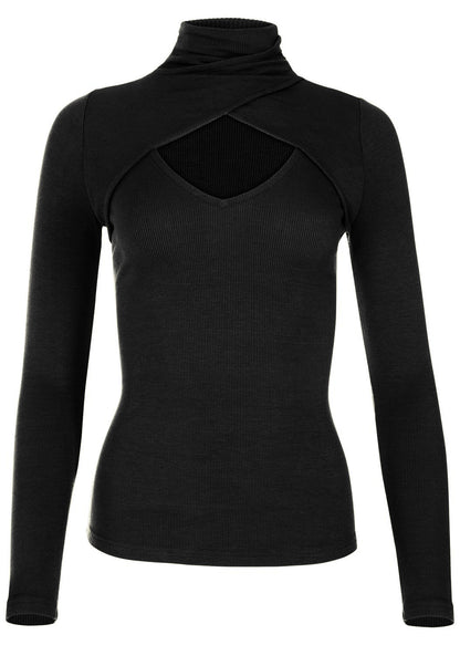 Fashion Slim Sexy Cutout High Neck Long Sleeve Threaded Tops Wholesale Women'S T Shirts