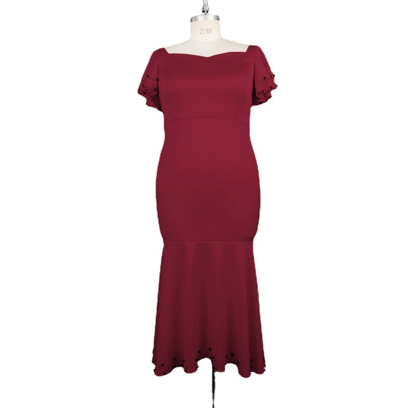 U-Neck Flounce Sleeves High Waist Slim Beaded Evening Dress Vintage Wholesalers
