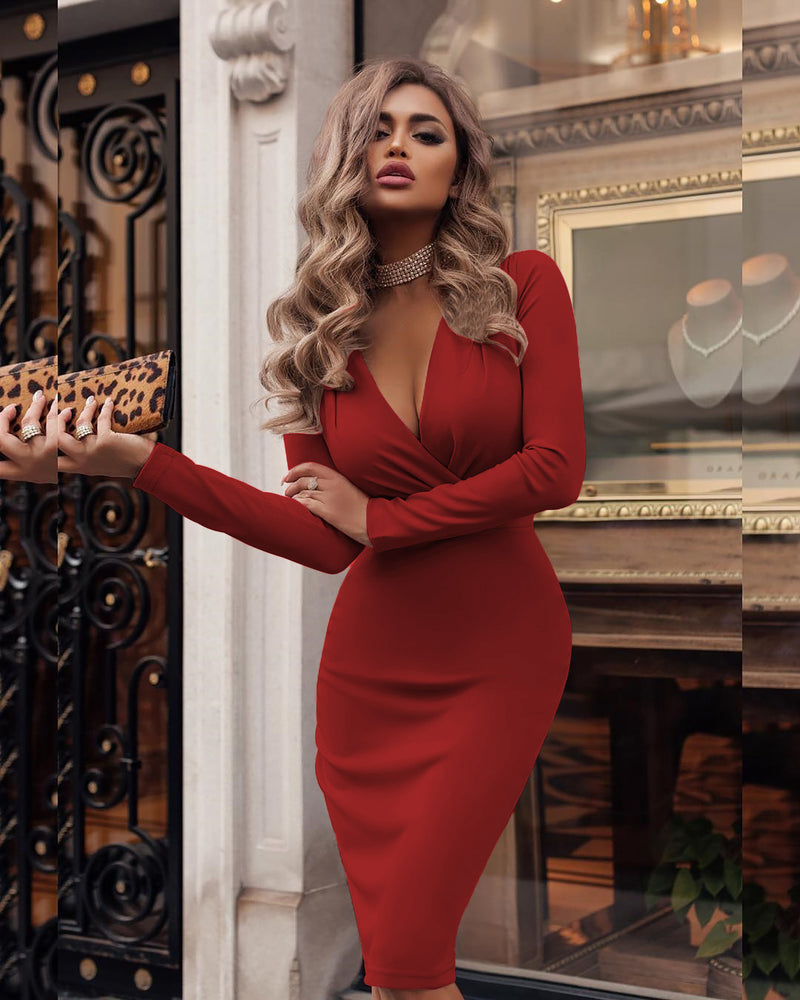 Sexy Women  Long-Sleeved Deep V-Neck Solid Color Tight Dress Wholesale