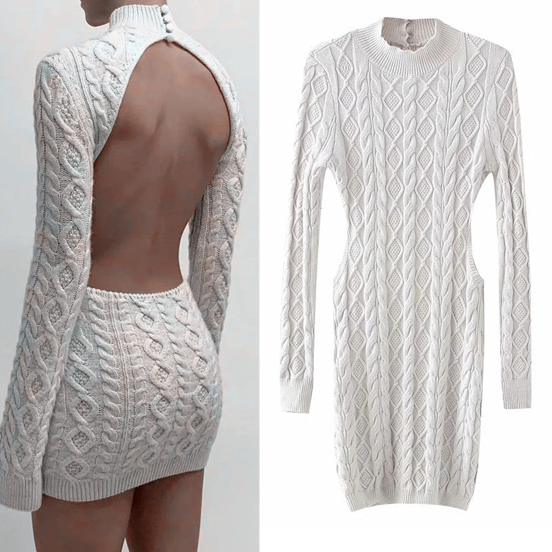 Knitting Sexy Bodycon Solid Backless Full Sleeve Mini Dress ST080012