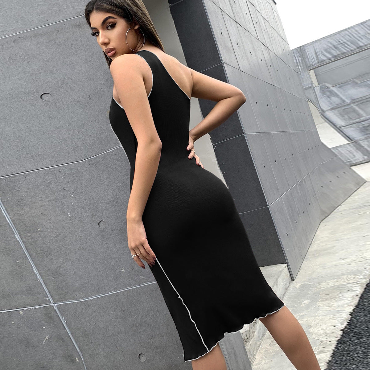 Sexy Slanted Shoulder Dress Bodycon Sleeveless Slit Wholesale Dresses